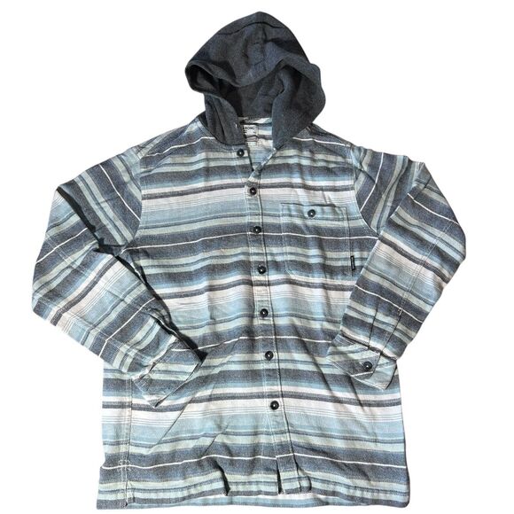 Billabong Hooded Flannel Shirt Mens Medium Blue Long Sleeve Button Striped Baja - Picture 1 of 9